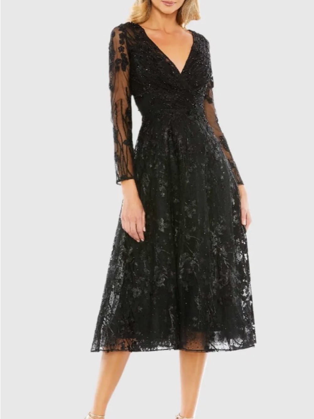 MAC DUGGAL Black Embellished Floral Long Sleeve Dress formal classic elegant 12